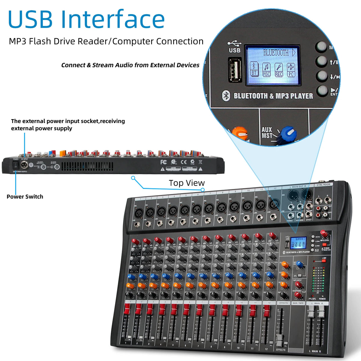 6//8/12 Channel Professional Audio Mixer  Studio Audio Console USB MP3 Input 48v Phantom Power DJ Console