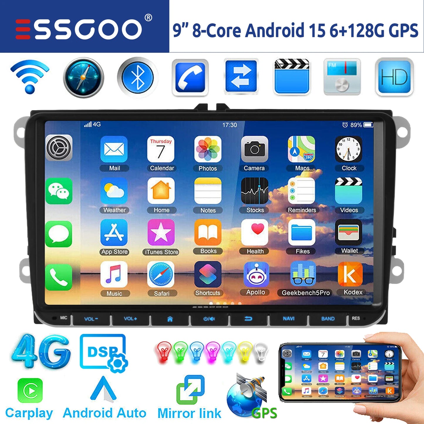 9" Android 15 6G+128G Wireless Carplay Car Stereo GPS NAVI WIFI RDS FM BT EQ for VW Golf 5 6 Passat Polo Touran Tiguan Caddy EOS