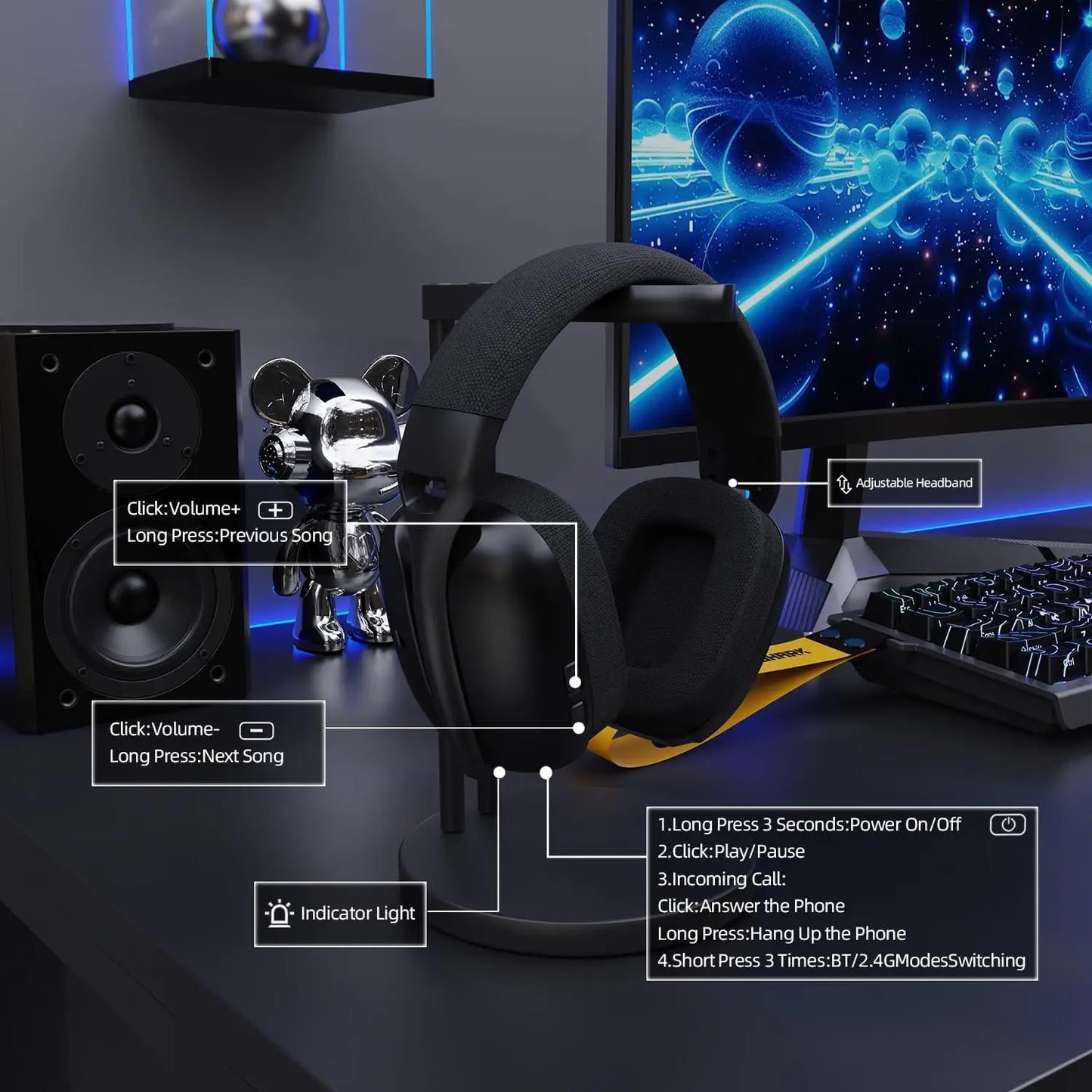 ATTACK SHARK L80PRO Wireless Gaming Headset Lightseed Tech- Built-in&Detachable Dual Microphone-Lightweight Headphone-Tri-Mode