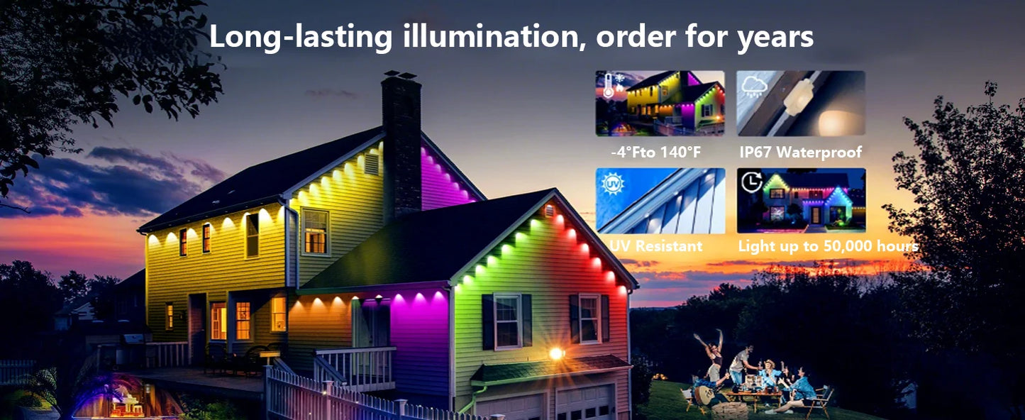 Smart Permanent Outdoor Lights Eaves Lights IP67 Waterproof Light String with App Remote Control Music Sync for House Roof Decor