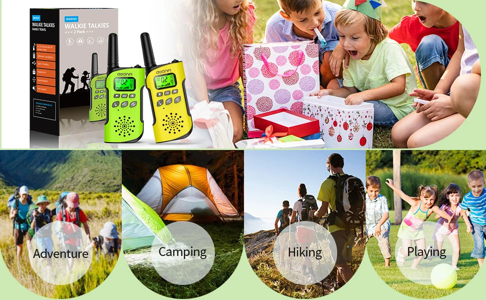 AWANFI Walkie Talkies 4 Packs Rechargeable  for kids, Long Range Flashlight 8 Channel, USB Type C for Camping, Hiking, Gifts
