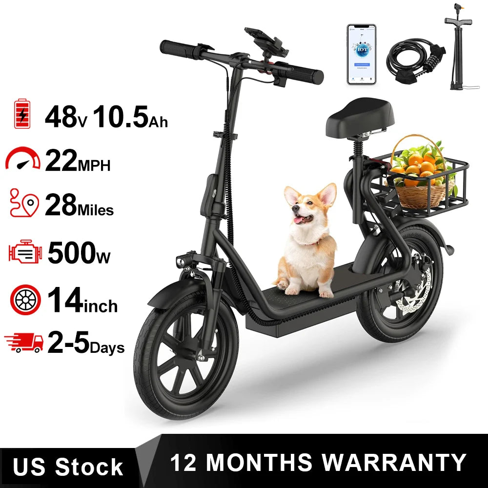 14‘’ Electric Scooter with Seat for Adult, 20MPH Speed Power by 500W Motor, 48V/10.4Ah Battery,28miles Max Range Wider Deck & Height Carry Basket
