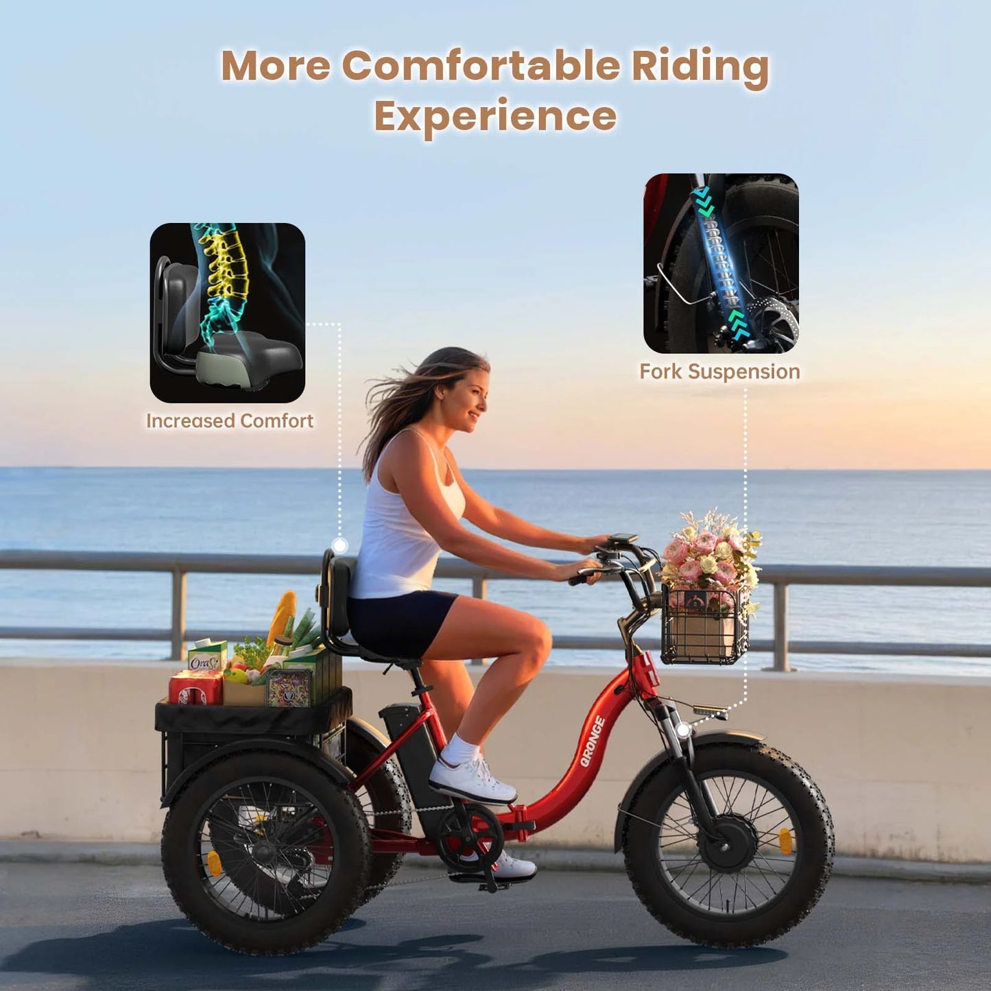 QRONGE Electric Bike for Adults 1200W Peak 36V 20AH Battery Folding Electric Tricycle 75 Miles Range Max 20MPH 20"*4" Fat Tire Electric Trike