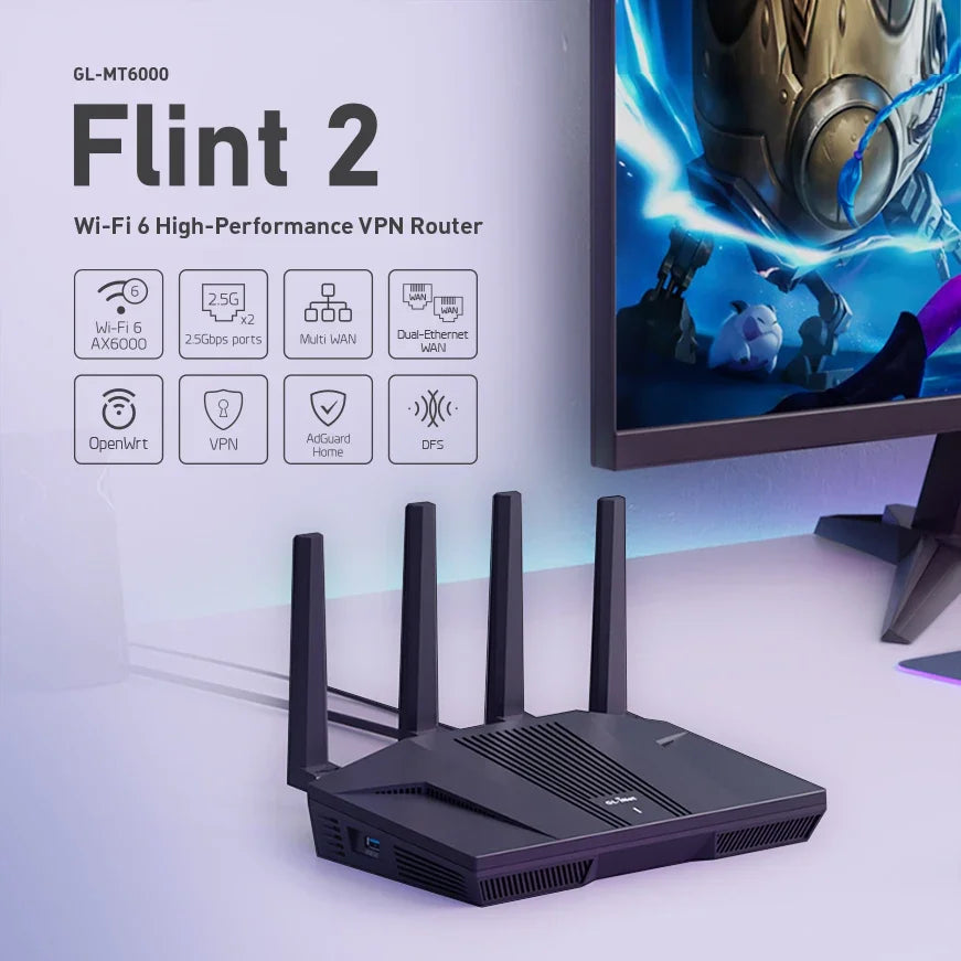 GL.iNet Flint 2 (GL-MT6000) home and office router, 8-Stream Wi-Fi 6 technology,OpenWrt,2.5G Ethernet ports,Parental control