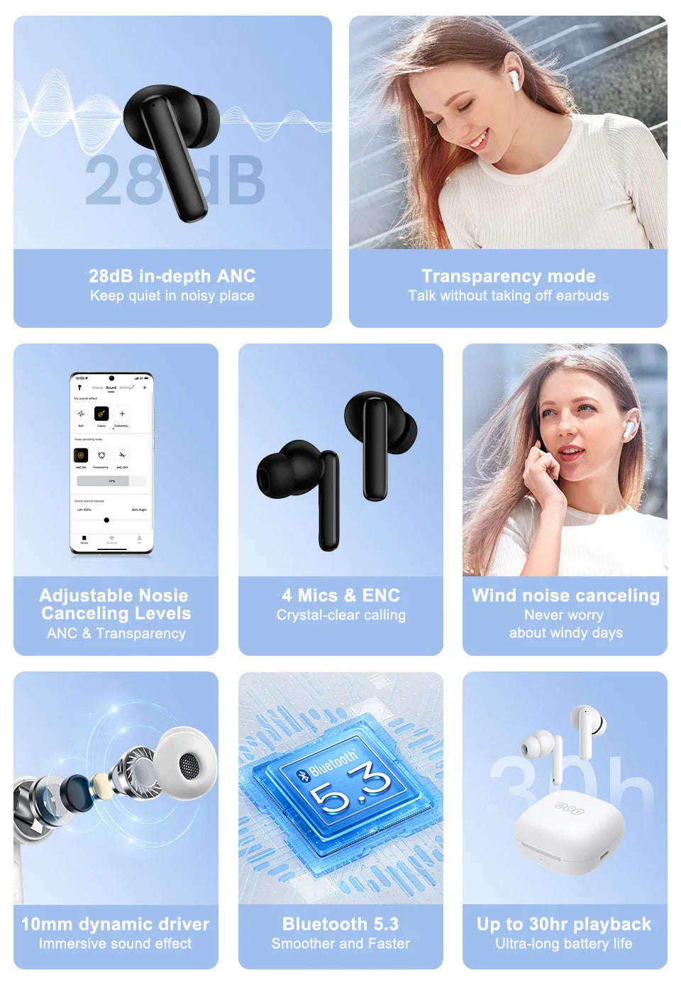Qcy T13 Wireless Earbuds Active Noise Canceling Enc Mics