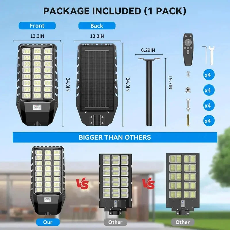 Solar Street Light Outdoor Motion Sensor Dusk to Dawn LED Security Flood Light Remote Control IP66 Waterproof for Parking Lot Garage Yard
