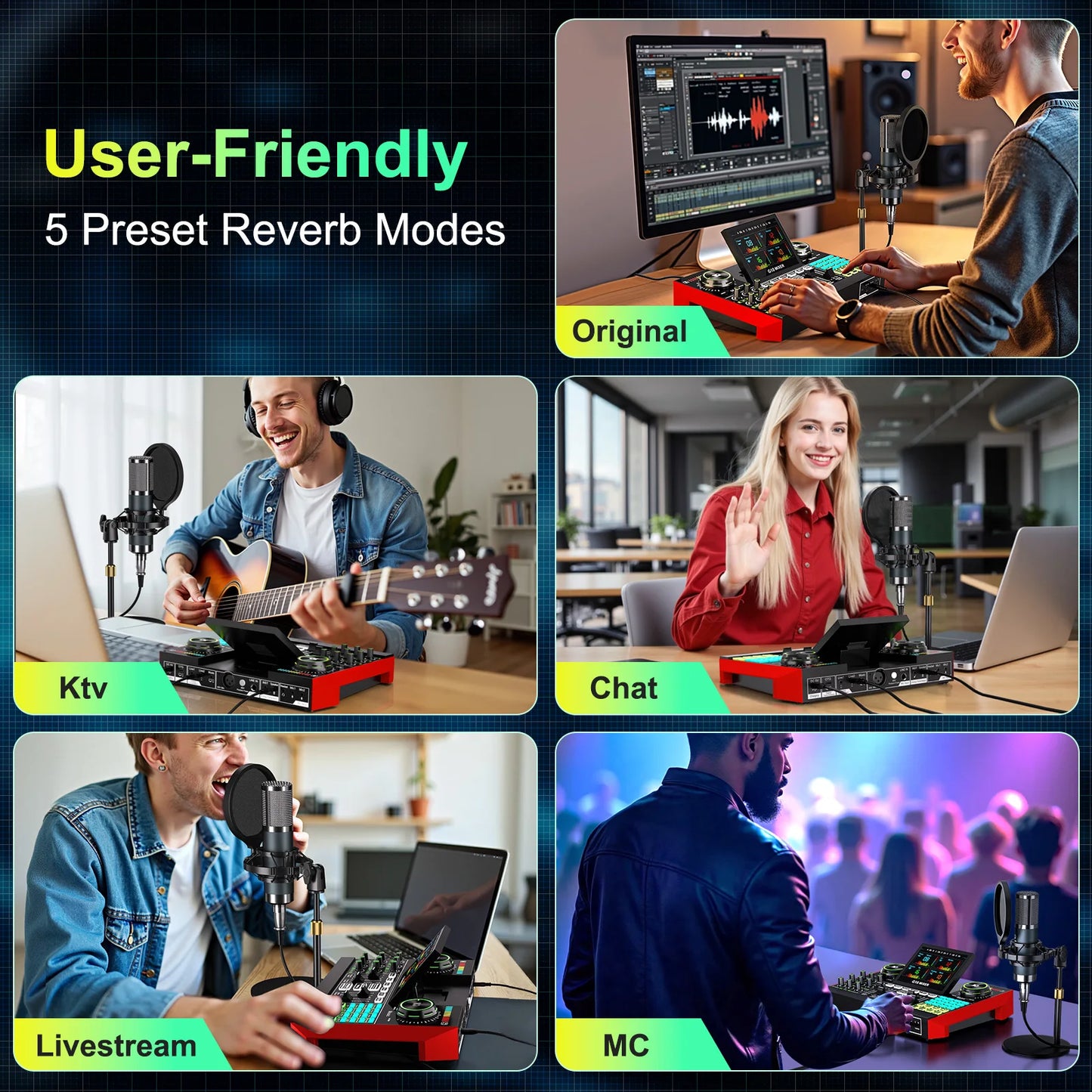 Tenlamp Voice Changer, Denoise,Live Sound Board Audio Mixer,Podcast Equipment Bundle with 3.5mm Condenser Microphone(P15) for Pc/Phone，Studio Professional Recording, Electronic Music Mixer Power Conditioner Karaoke Machine