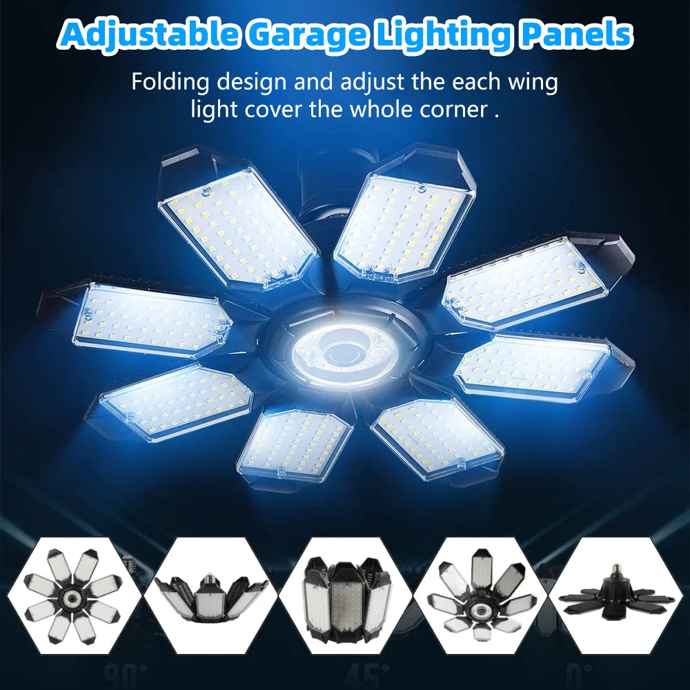200W Powerful Garage Light LED Foldable LED Bulbs E27 Adjustable Multi Panel Ceiling Lamp For Workshop Warehouse Lighting