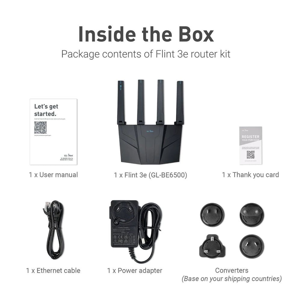 GL.iNet Flint 3e GL-BE6500 WiFi 7 Router VPN for Wireless Internet Dual-band High-Speed Home Router Wi-Fi 7 , 5 x 2.5G Ethernet Port USB3.0 Qualcomm Quad-core 1.5 GHz, Supports ADGuard Home,OpenVPN,WireGuard,OpenWrt