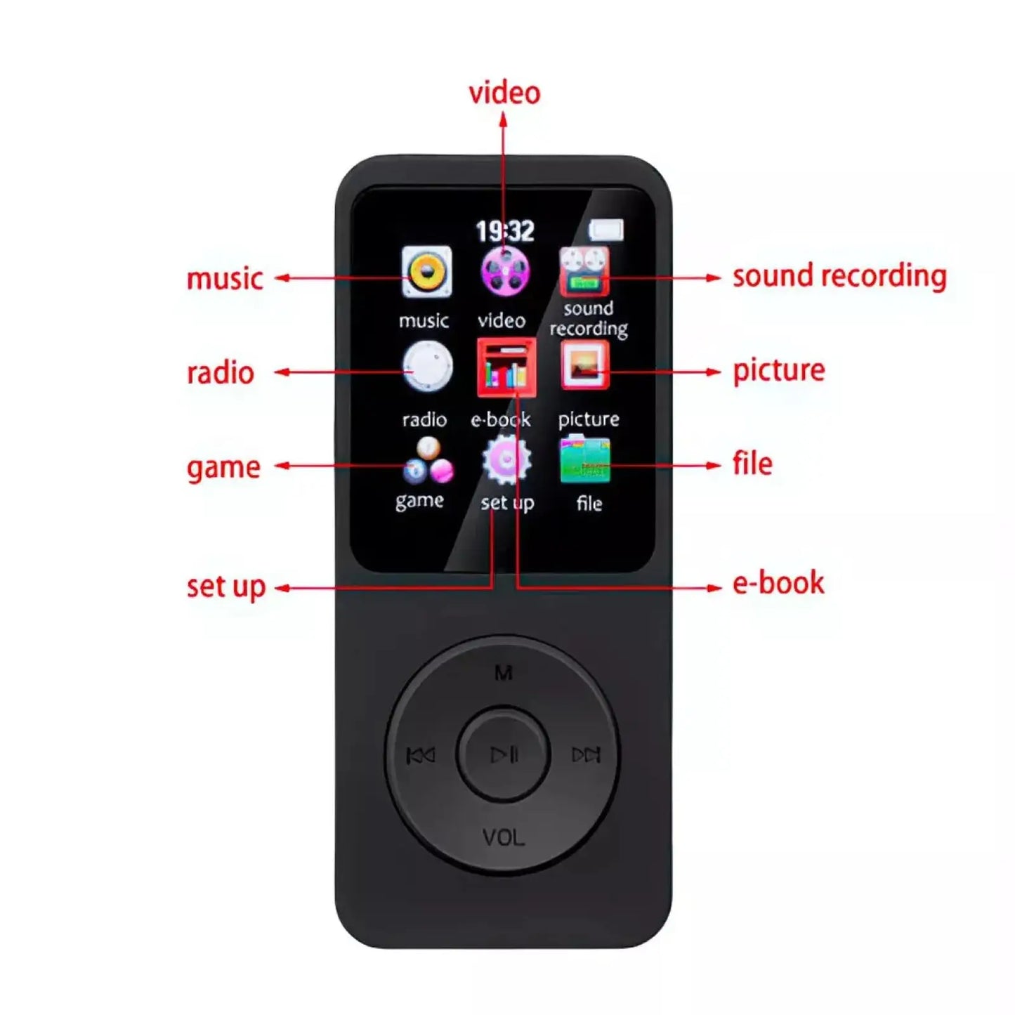 Wireless BT Bluetooth 5.0 MP4 MP3 Player Built-in Lithium Battery HiFi Lossless Sound HD Screen Display Voice Recorder