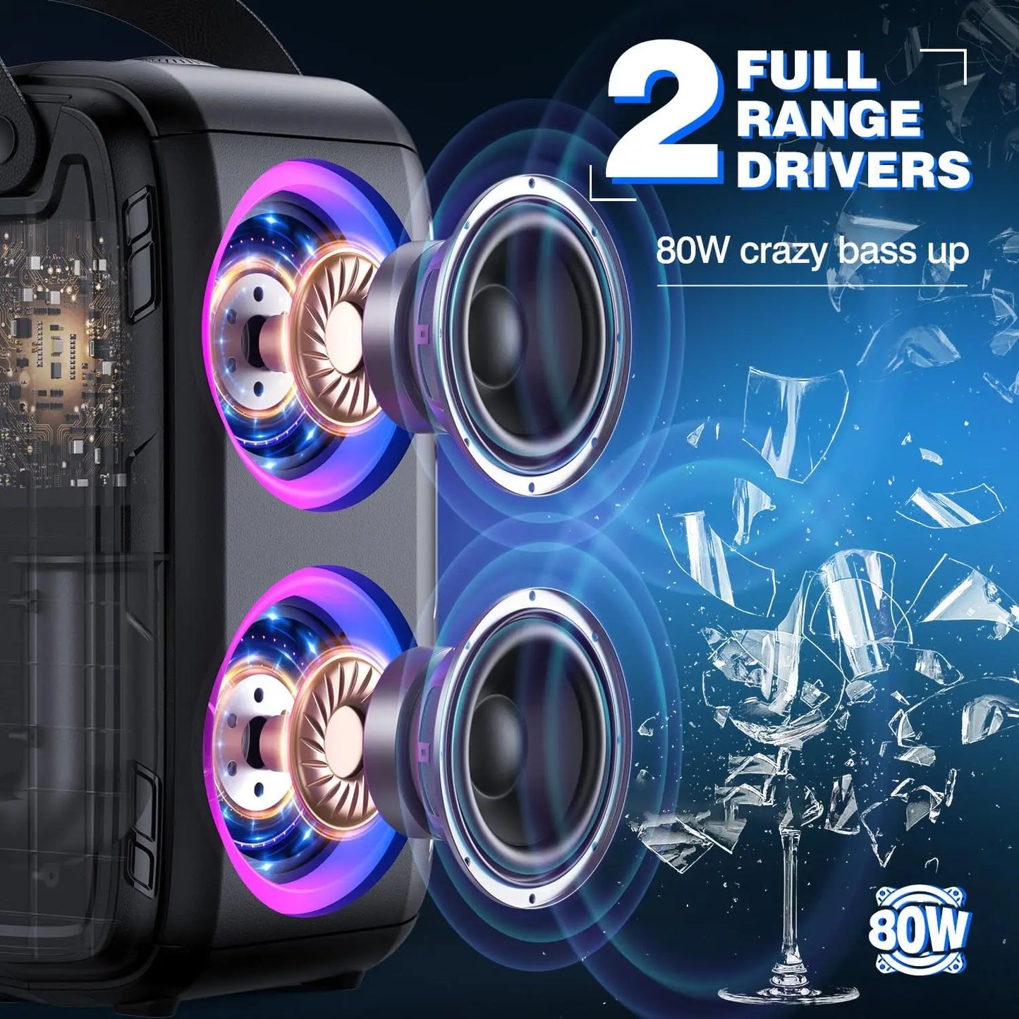 W-KING T9-2 80W RMS Party Portable Speakers Bluetooth Wireless Boombox with 4 Drivers (2*4.04'' Woofer), Huge 105dB Sound Large Party Box