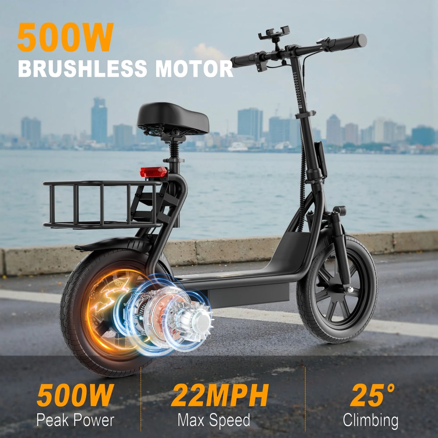 14‘’ Electric Scooter with Seat for Adult, 20MPH Speed Power by 500W Motor, 48V/10.4Ah Battery,28miles Max Range Wider Deck & Height Carry Basket