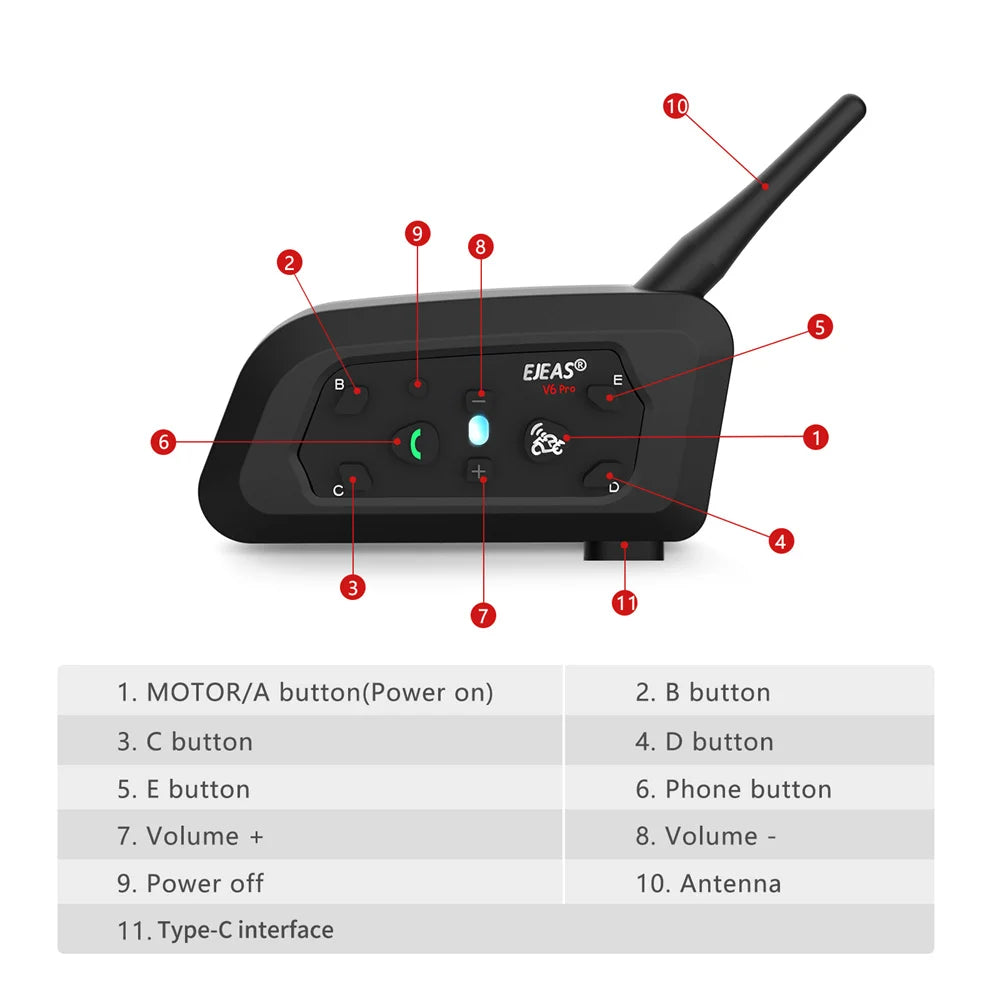 EJEAS V6 Pro Motorcycle Intercom 6 Rider Bluetooth Headset