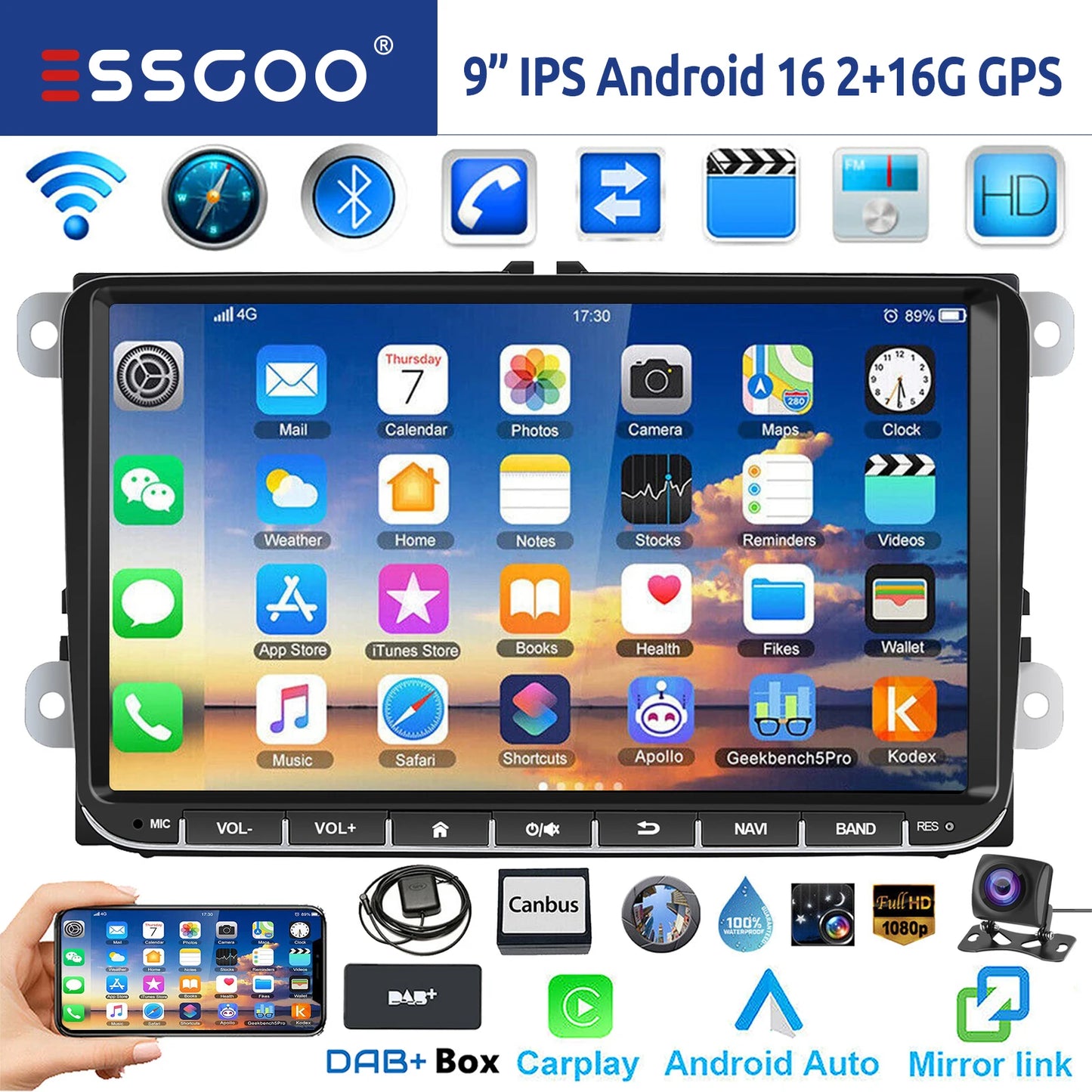 9" Android 15 6G+128G Wireless Carplay Car Stereo GPS NAVI WIFI RDS FM BT EQ for VW Golf 5 6 Passat Polo Touran Tiguan Caddy EOS
