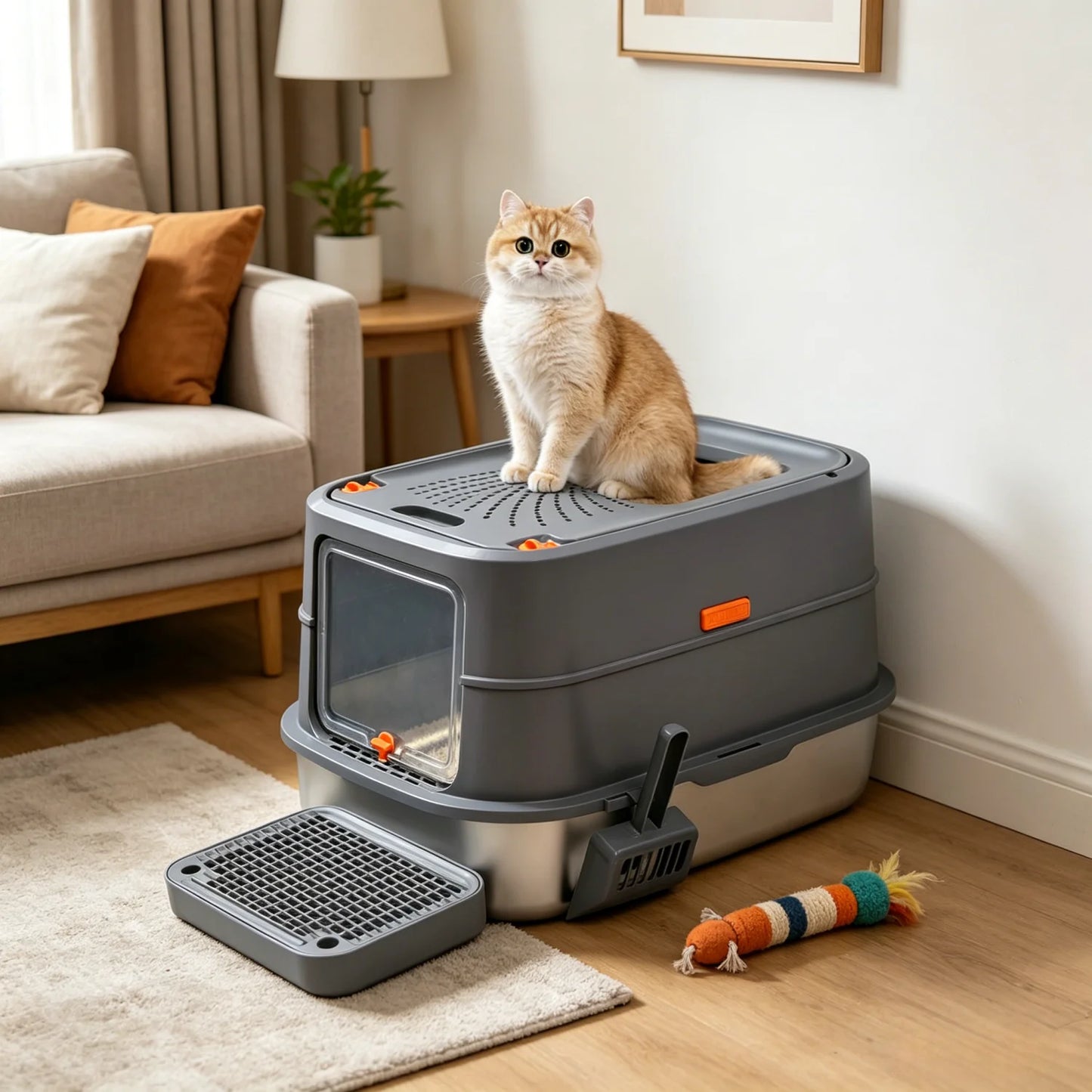 Enclosed Stainless Steel Cat Litter Box with Lid Extra Large for Big Cats Kitty Metal Litter Pan Tray High Wall Sides