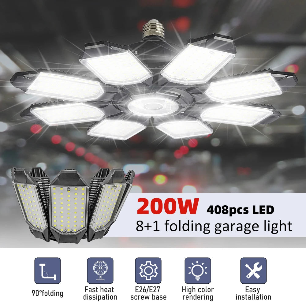 200W Powerful Garage Light LED Foldable LED Bulbs E27 Adjustable Multi Panel Ceiling Lamp For Workshop Warehouse Lighting