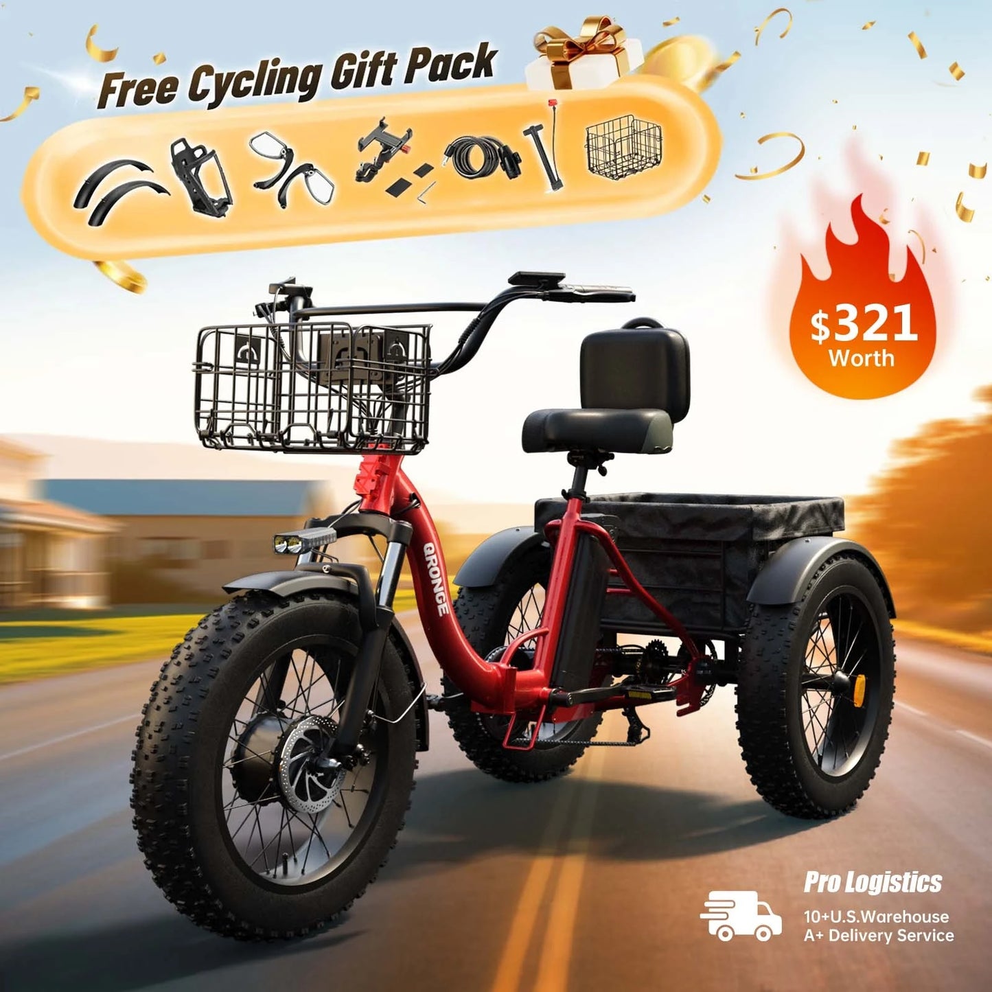 QRONGE Electric Bike for Adults 1200W Peak 36V 20AH Battery Folding Electric Tricycle 75 Miles Range Max 20MPH 20"*4" Fat Tire Electric Trike