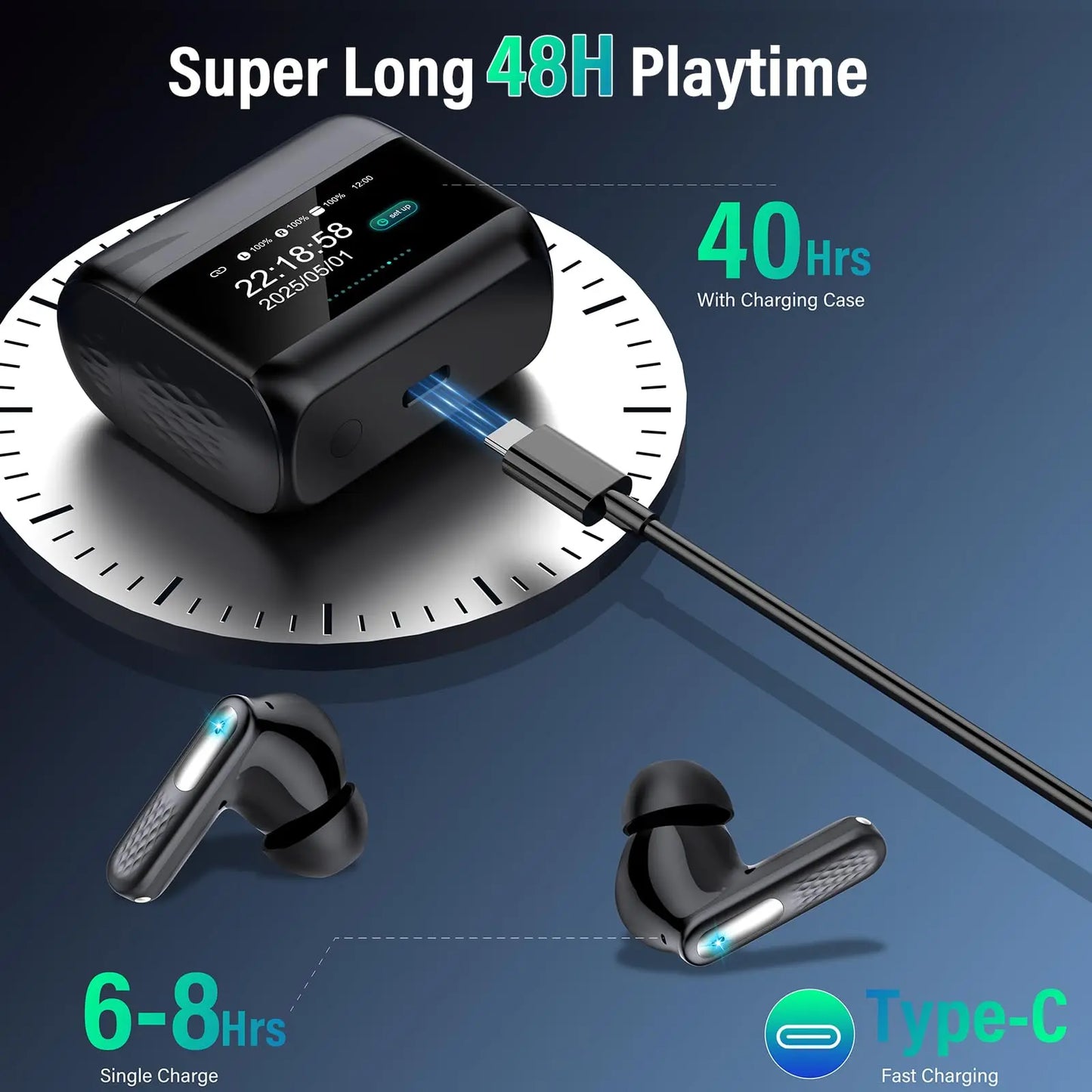 2026 Touch Screen Wireless Earbuds Bluetooth 5.4 ANC ENC Noise Cancelling 48H Battery HiFi Stereo 5 EQ Modes IPX7 Waterproof Earphones with Smart Display Case.