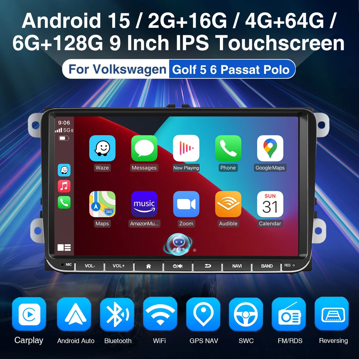 9" Android 15 6G+128G Wireless Carplay Car Stereo GPS NAVI WIFI RDS FM BT EQ for VW Golf 5 6 Passat Polo Touran Tiguan Caddy EOS