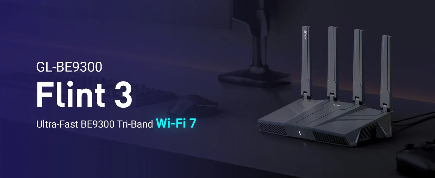 GL.iNet GL-BE9300 Flint 3 Tri-Band Wi-Fi 7 Router for Wireless Internet 5 x 2.5G VPN Router High Speed Gaming Long Range 6GHz Home Wirelss Router, 9 Gbps Wireless Speed for Smooth 8K Streaming, Low-latency Gaming Video Calls