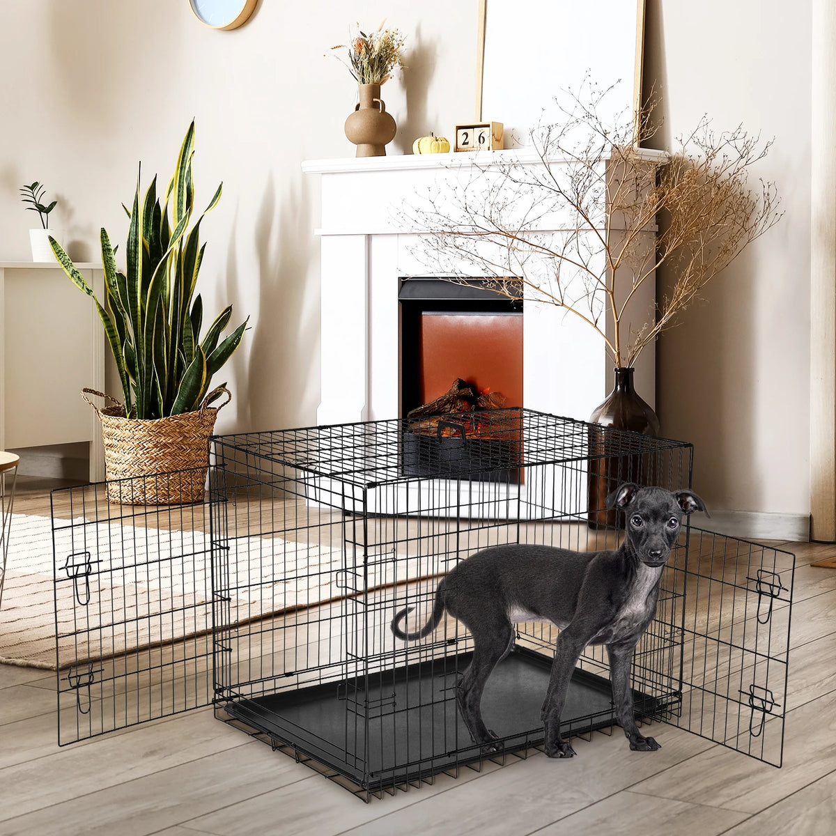 JHK Folding Metal Wire Dog Kennel With Leak Proof Tray