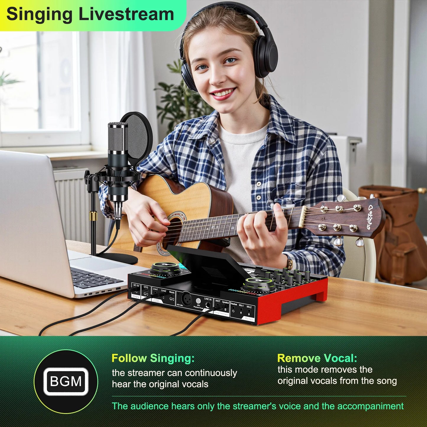 Tenlamp Voice Changer, Denoise,Live Sound Board Audio Mixer,Podcast Equipment Bundle with 3.5mm Condenser Microphone(P15) for Pc/Phone，Studio Professional Recording, Electronic Music Mixer Power Conditioner Karaoke Machine