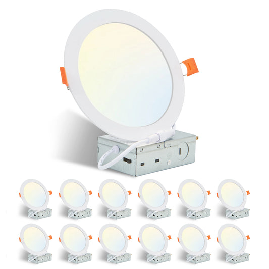 12-Pack LED Recessed Lights with Junction Box, Dimmable Downlights, 3000K-5000K Adjustable Color, Energy-Efficient Ceiling Light