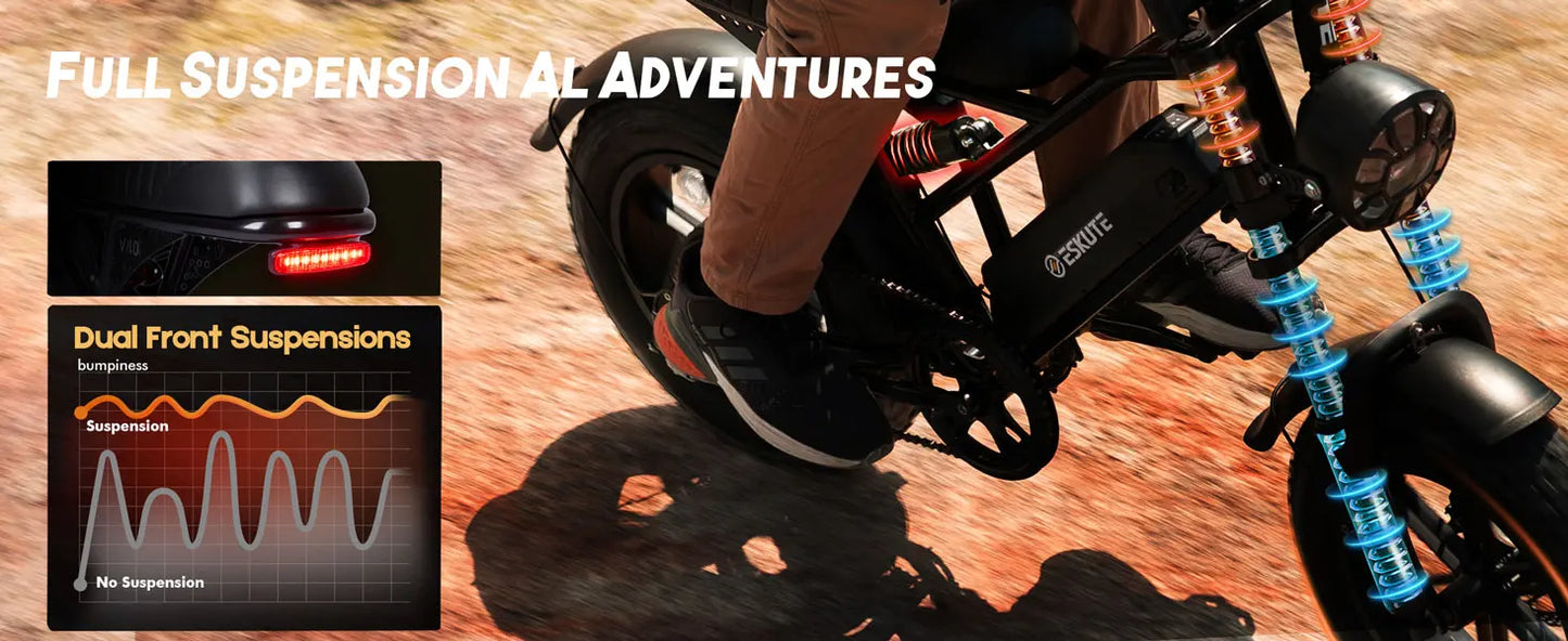 Eskute V100 Electric Dirt Bike, 1500W Peak 28MPH 48V13Ah Battery Motorcycle, All Terrain Dual Suspension E Bike 28MPH Top Speed, Ebike Up to 60 Miles Range, 16"x4" Fat Tire,  7-Speed，UL2849