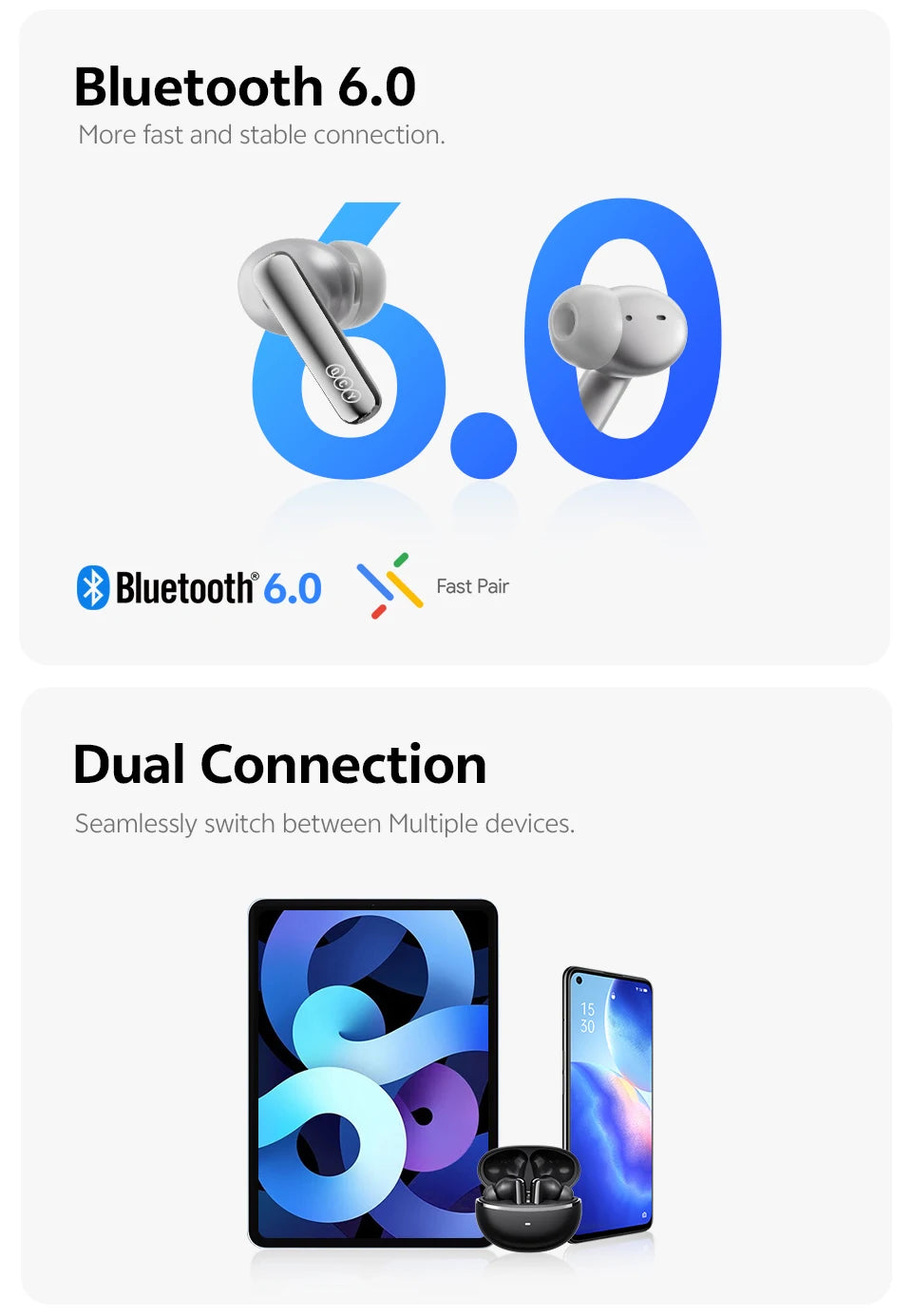 Ship From ES/PL/BR QCY HT18 Wireless Earphones Bluetooth 6.0 MeloBuds N70 Adaptive Hybrid ANC 6 Mics LDAC Hi-Res Audio Earbuds
