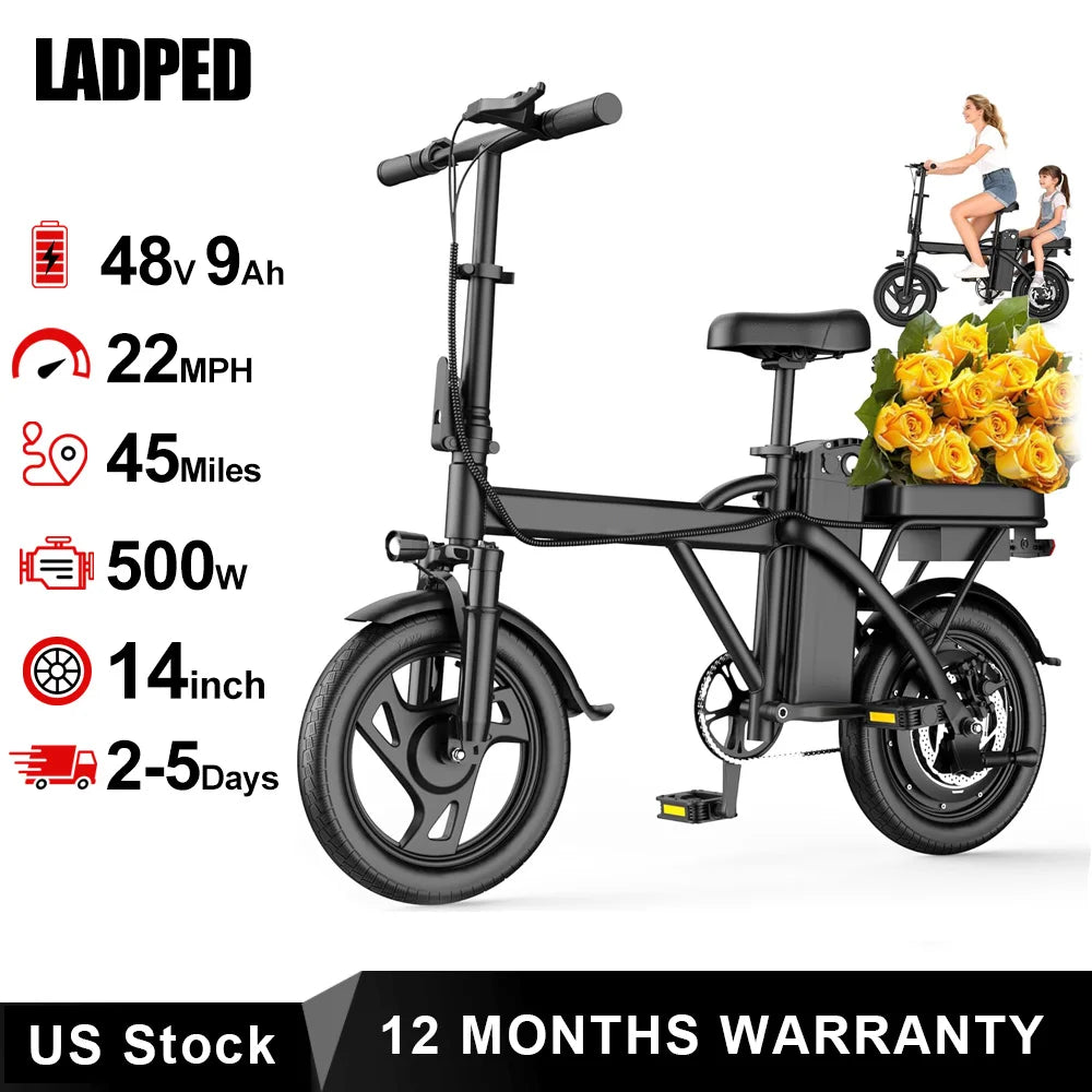 14'' Foldable Electric Bike 500W Motor 48V Battery 22MPH Max Speed 30Miles Long Range with Two Seats for Adult Mini E Bike