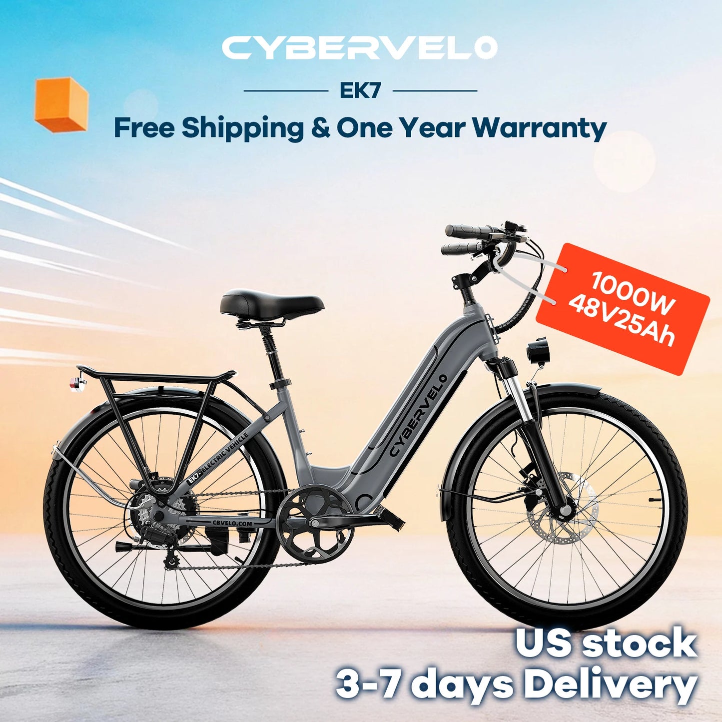 Cybervelo 26" Step-Thru Commuter, 1000W Peak 48V 25Ah Detachable Battery, Long Range 7-Speed Shift Electric Bike for Adult EK7