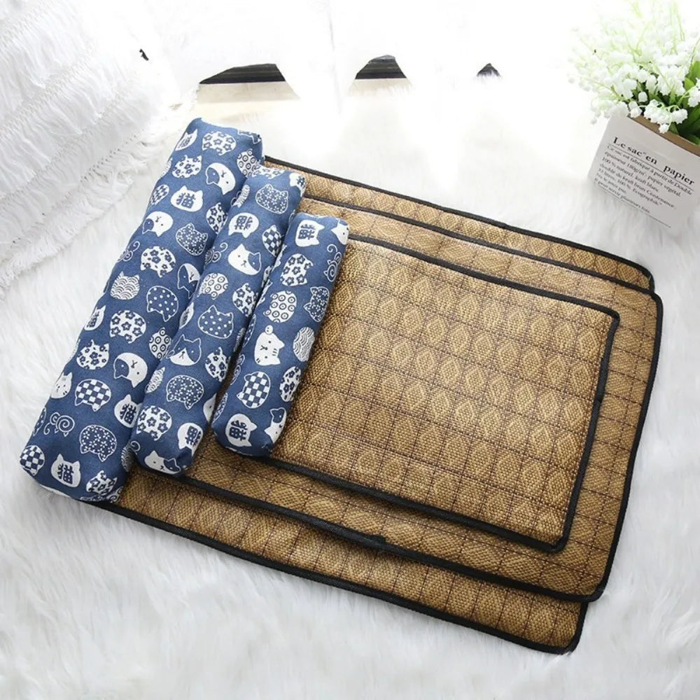 Safe Cute Print Pet Cooling Mats with Pillow Foldable Dog Cooling Mat Breathable Washable Dog Cooling Blanket Summer dog bed cat hammock pet 라탄 dog bed