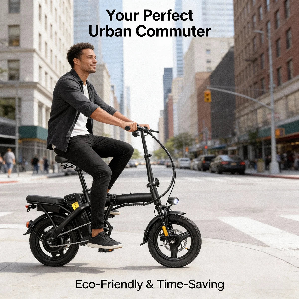 T5 14-inch Foldable Electric Bike 48V 750W Peak Power 20MPH 499Wh Long Range Lightweight Ebike with Dual Disc Brake And Basket for Adult Commute 22 Miles