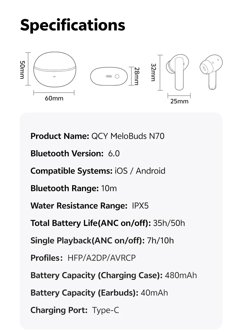Ship From ES/PL/BR QCY HT18 Wireless Earphones Bluetooth 6.0 MeloBuds N70 Adaptive Hybrid ANC 6 Mics LDAC Hi-Res Audio Earbuds