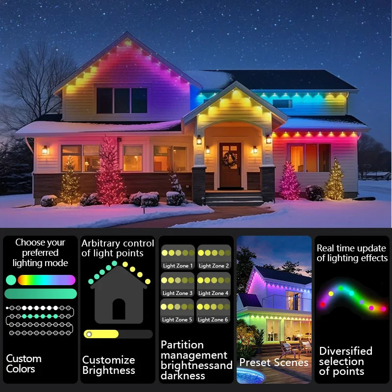 150ft 100ft 50ft Permanent Outdoor Lights Smart RGBIC Outdoor Lights with 75 Scene Modes String Lights with 90 LEDs for Garden