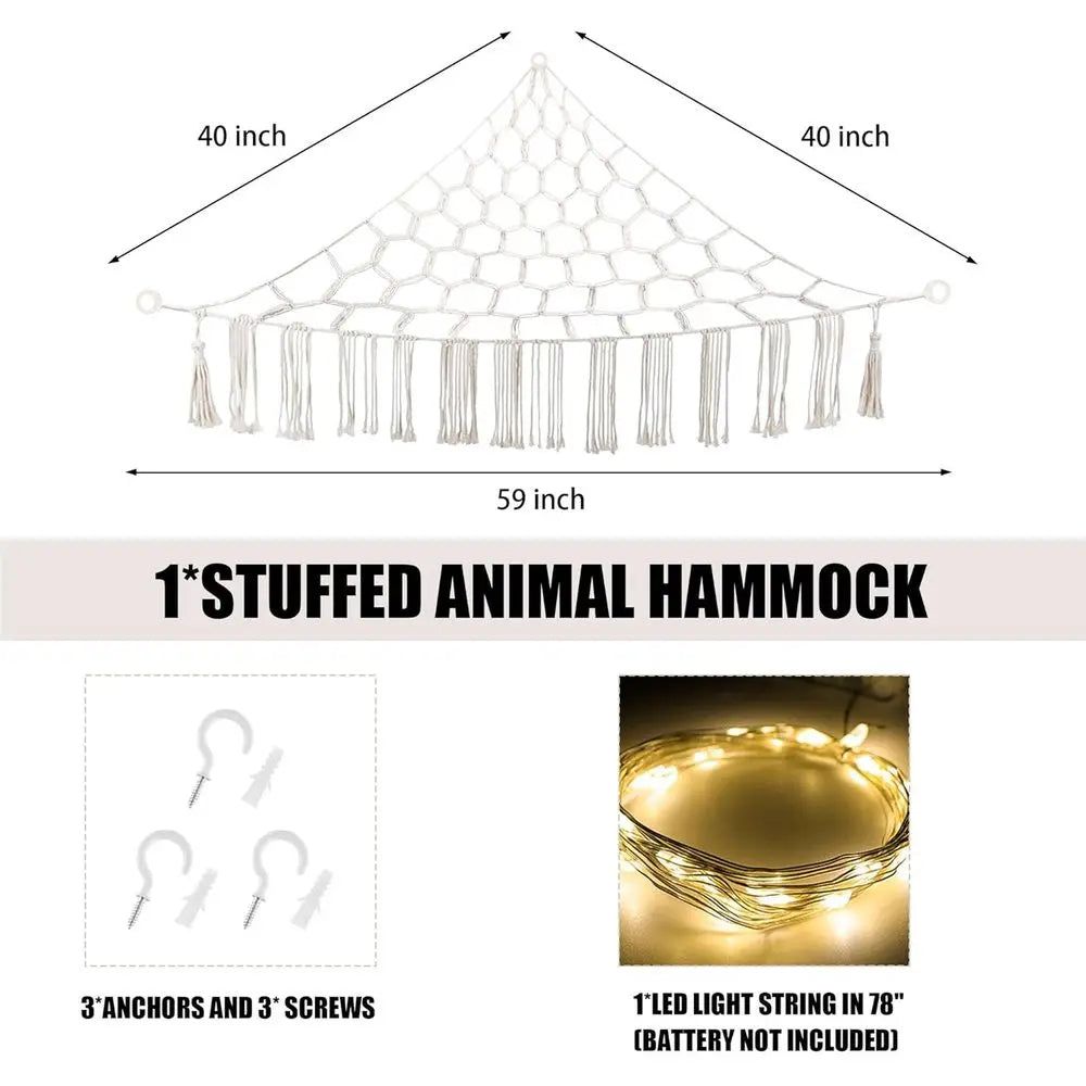Stuffed Animal Hammock with LED Light, Large Stuffed Animals Storage Corner Plushie Net for Kids Room Decor, White