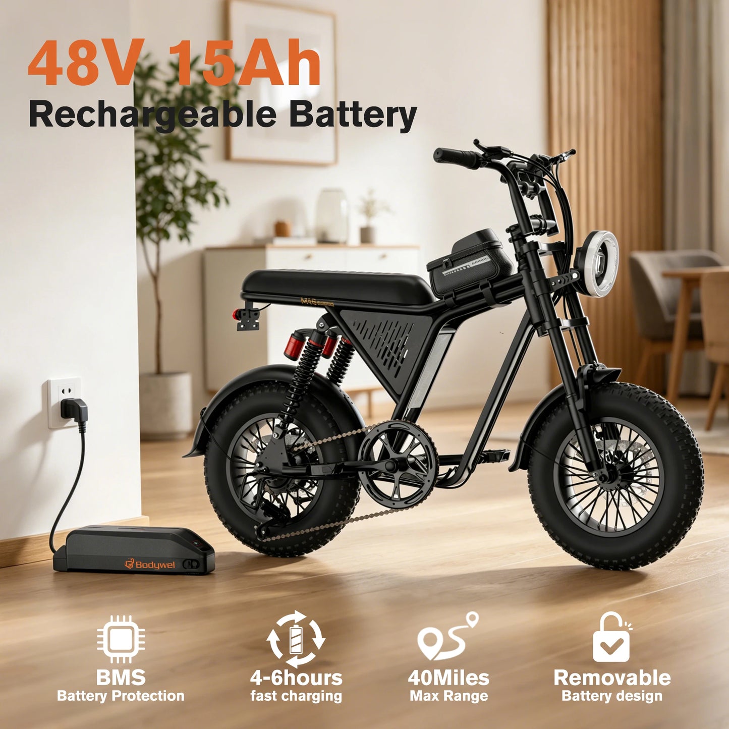 Bodywel M16 Fat Tire Electric Bike 16" x 4.0 Off-Road E-Bike 40 Mile Range Removable Battery Electric Bicycle