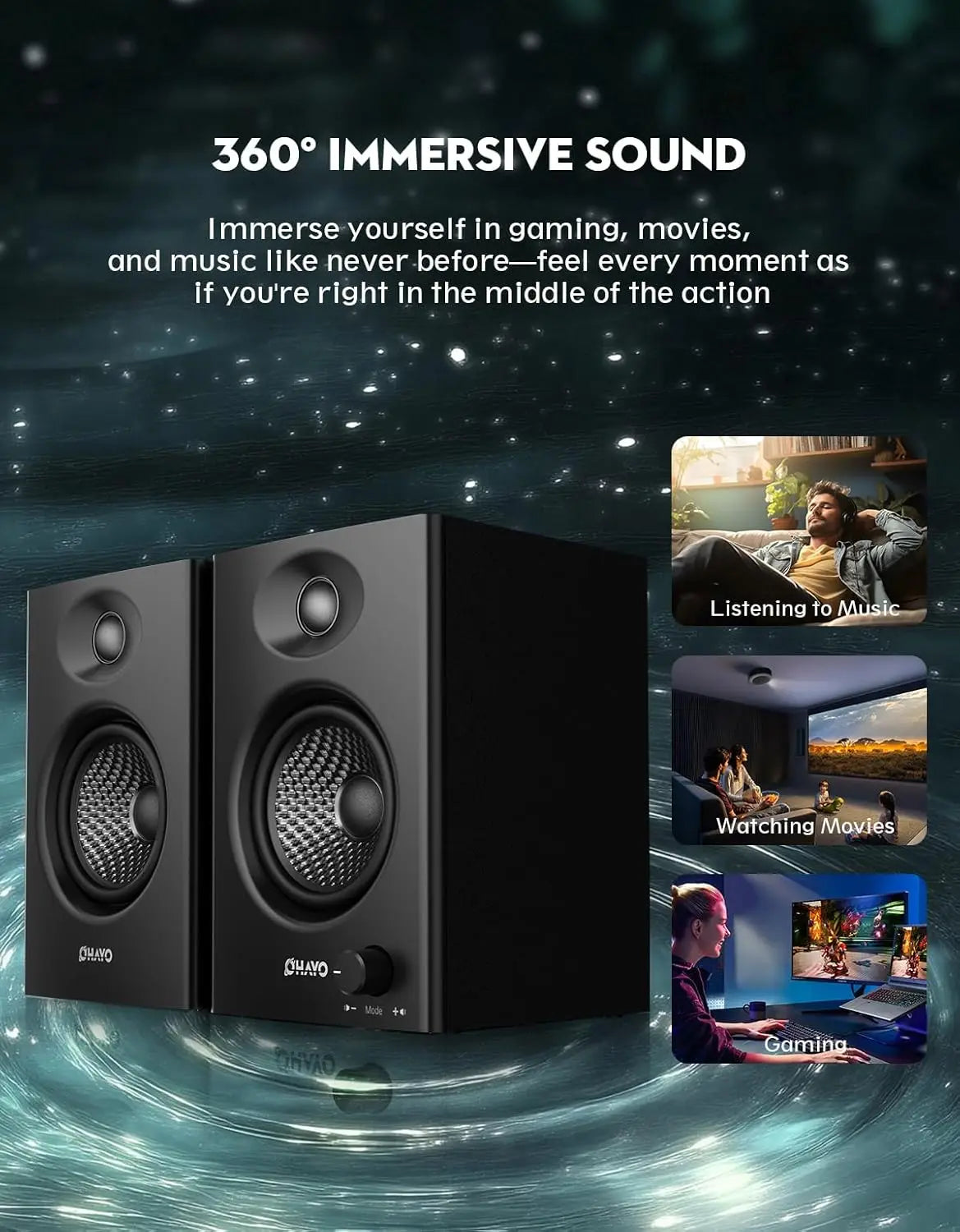 Ohayo Bluetooth 5.3 60W Wireless Bookshelf Speakers For Home PC