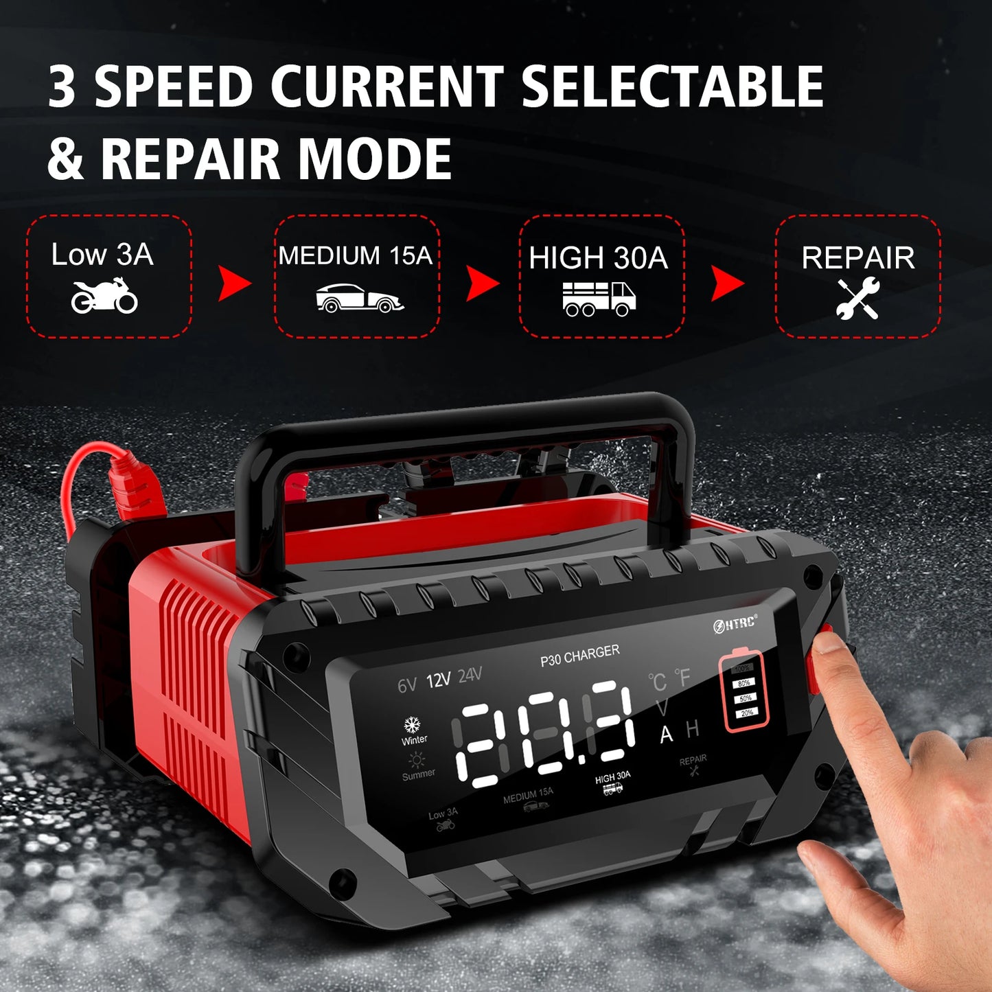 HTRC Smart Car Battery Charger 6V-12V-24V LCD For Motorcycle