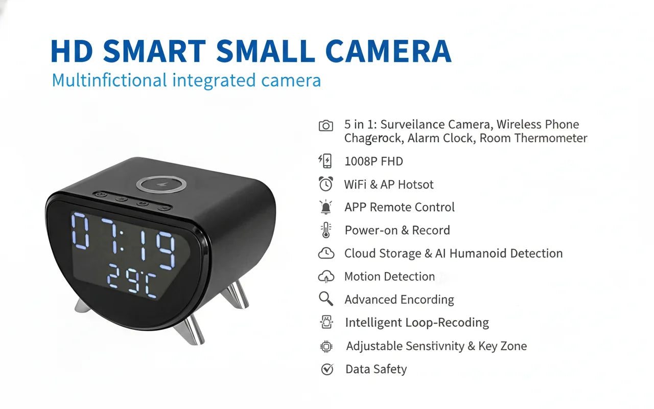 4K UHD WiFi Clock Camera, Indoor Surveillance with Motion Detection, Remote Real-Time View & Video Recording, Qi Wireless Charging Compatible, Suitable for Home Office Warehouse, Elegant Minimalist Design, TF Card Storage (No