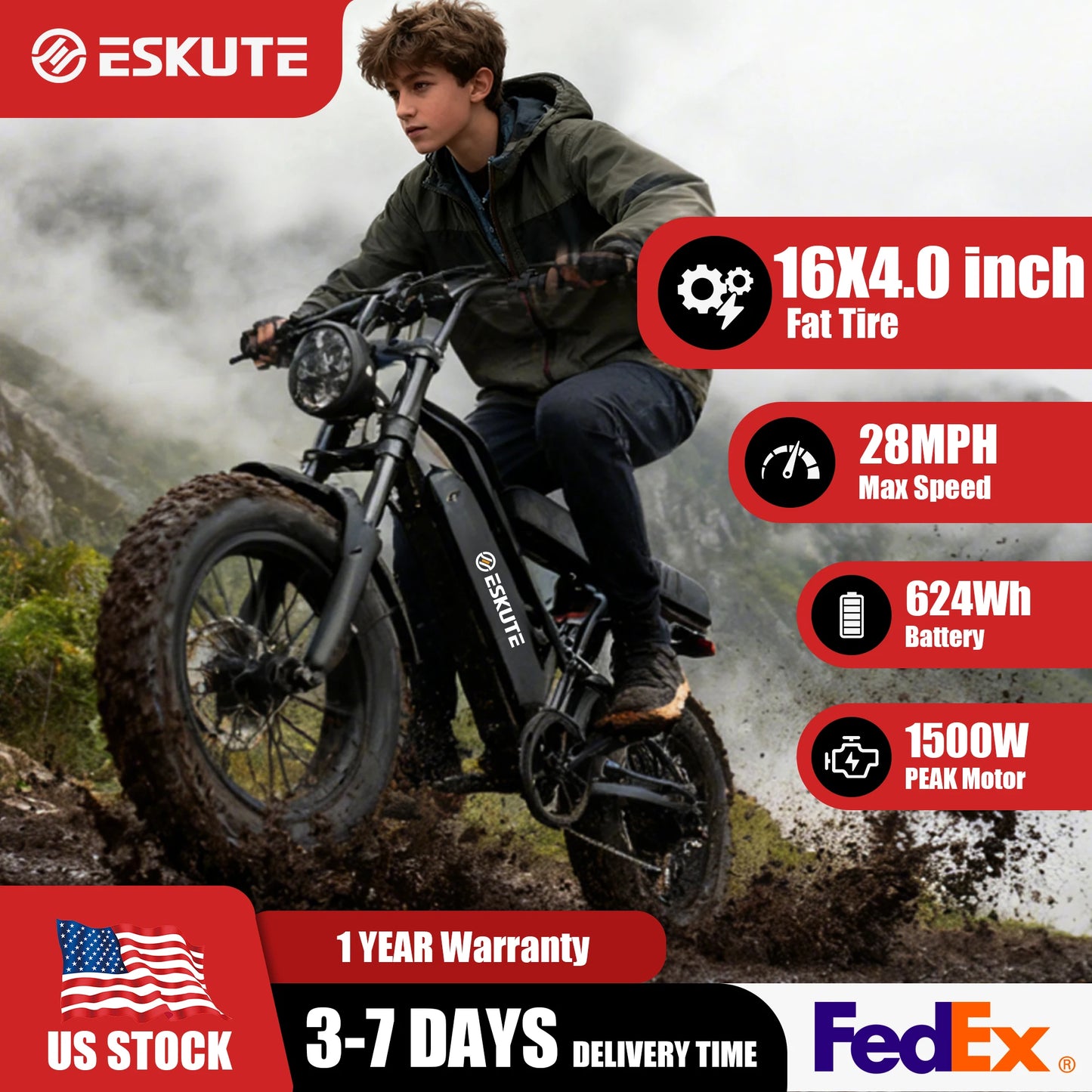 Eskute V100 Electric Dirt Bike, 1500W Peak 28MPH 48V13Ah Battery Motorcycle, All Terrain Dual Suspension E Bike 28MPH Top Speed, Ebike Up to 60 Miles Range, 16"x4" Fat Tire,  7-Speed，UL2849