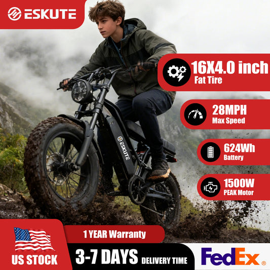 Eskute V100 Electric Dirt Bike, 1500W Peak 28MPH 48V13Ah Battery Motorcycle, All Terrain Dual Suspension E Bike 28MPH Top Speed, Ebike Up to 60 Miles Range, 16"x4" Fat Tire,  7-Speed，UL2849