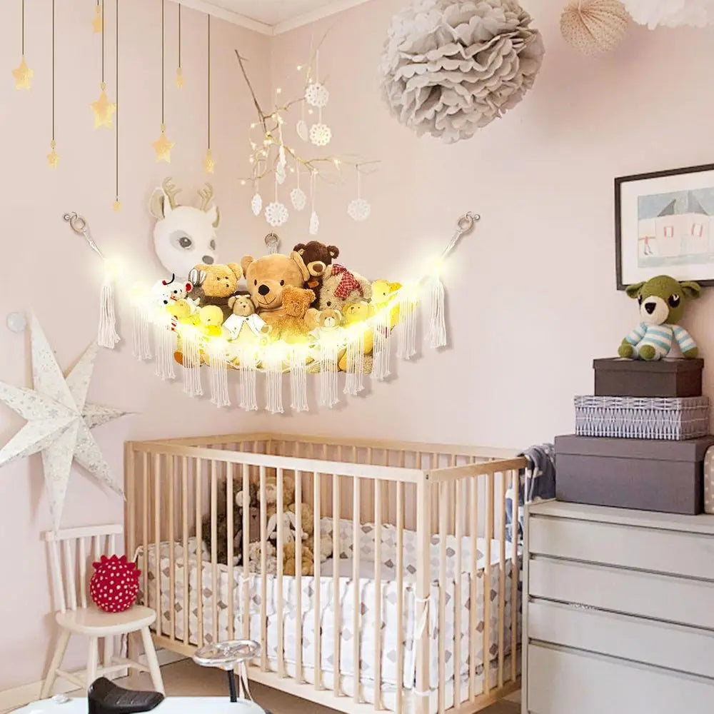 Stuffed Animal Hammock with LED Light, Large Stuffed Animals Storage Corner Plushie Net for Kids Room Decor, White