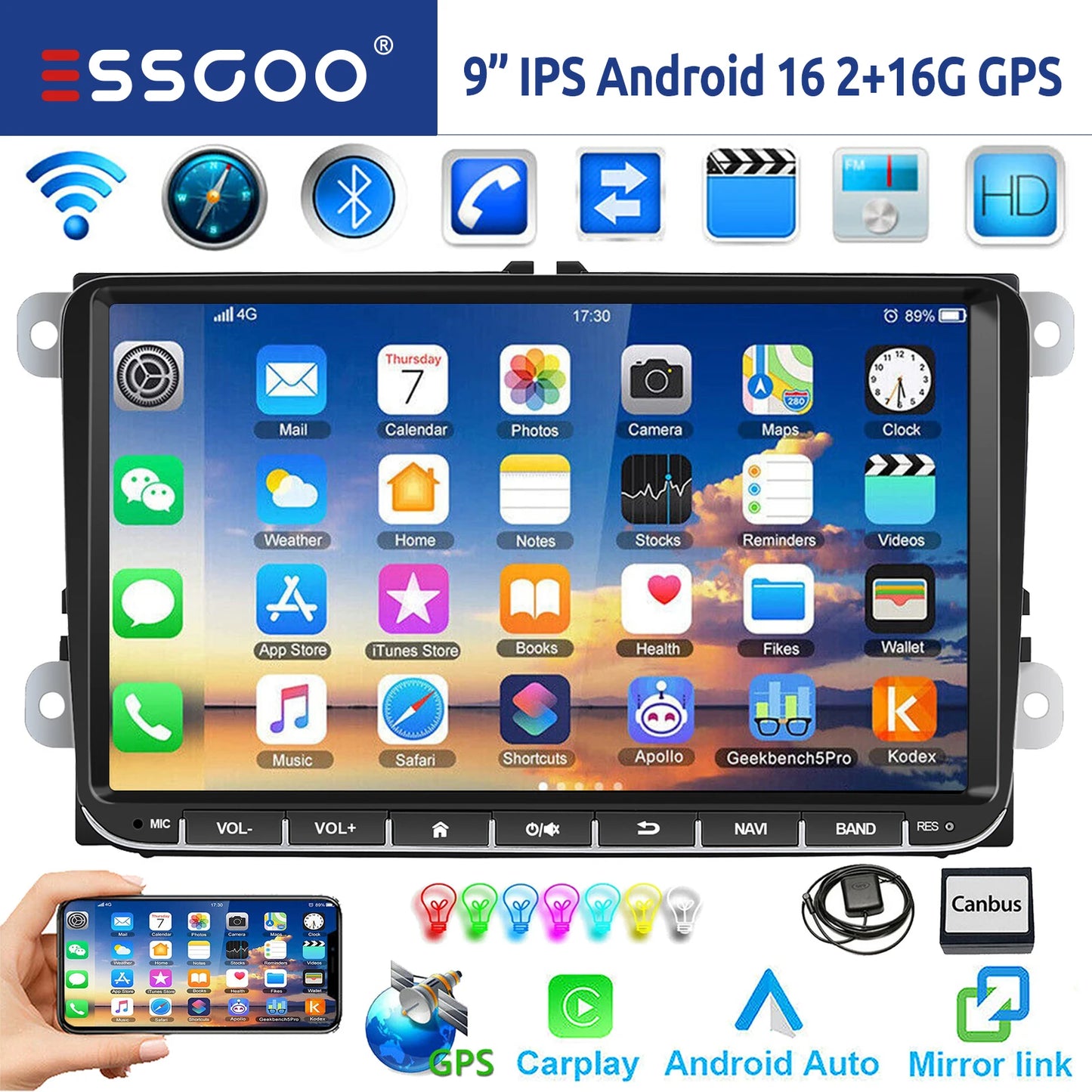 9" Android 15 6G+128G Wireless Carplay Car Stereo GPS NAVI WIFI RDS FM BT EQ for VW Golf 5 6 Passat Polo Touran Tiguan Caddy EOS