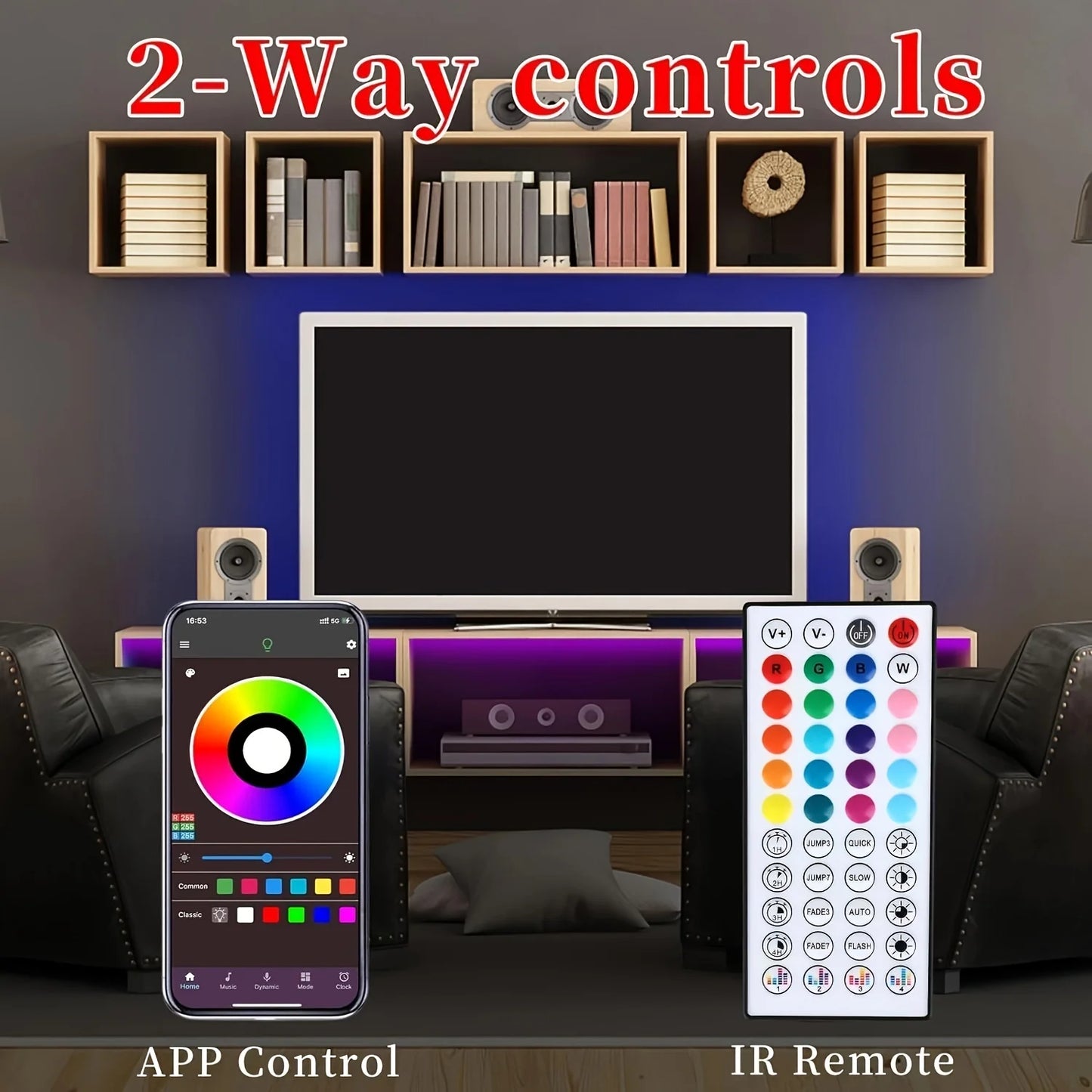 16ft/49ft/98ft/196ft Long LED Strip Lights - Color-Changing RGB Music Sync LED Rope Lights With 44-Key Remote And Phone App Cont