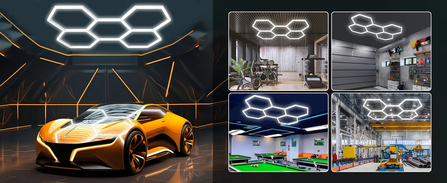 Hexagon LED Garage Light 6500K Honeycomb Ceiling LED Tube Lighting for Car Detailing Shop Light for Barbershop Gym Car Wash Room