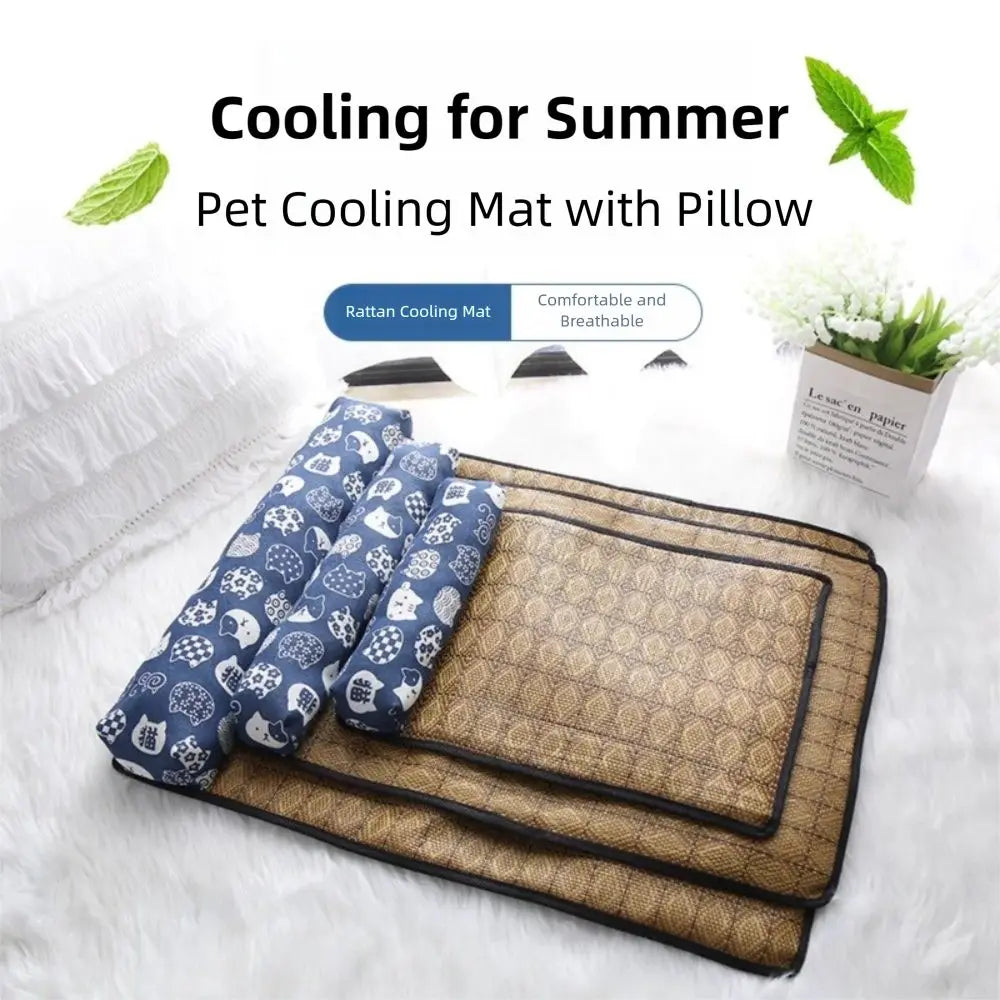 Safe Cute Print Pet Cooling Mats with Pillow Foldable Dog Cooling Mat Breathable Washable Dog Cooling Blanket Summer dog bed cat hammock pet 라탄 dog bed