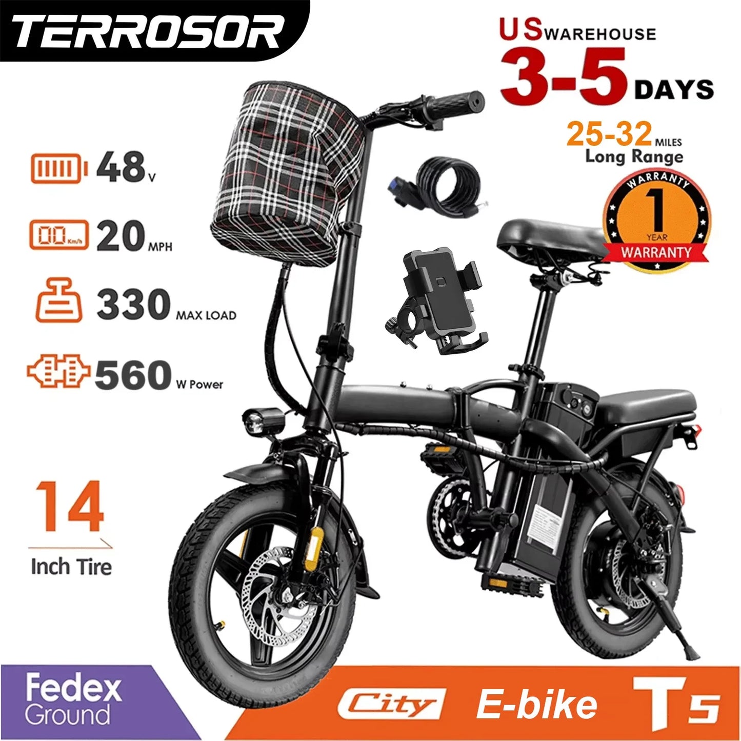 Adult and Adolescent Electric Bicycles, 20MPH, 560W Motor, 48V Detachable Battery, 14 inch Folding Electric Bicycle, Up to 25-32 Miles Long, Commuter Electric Bike