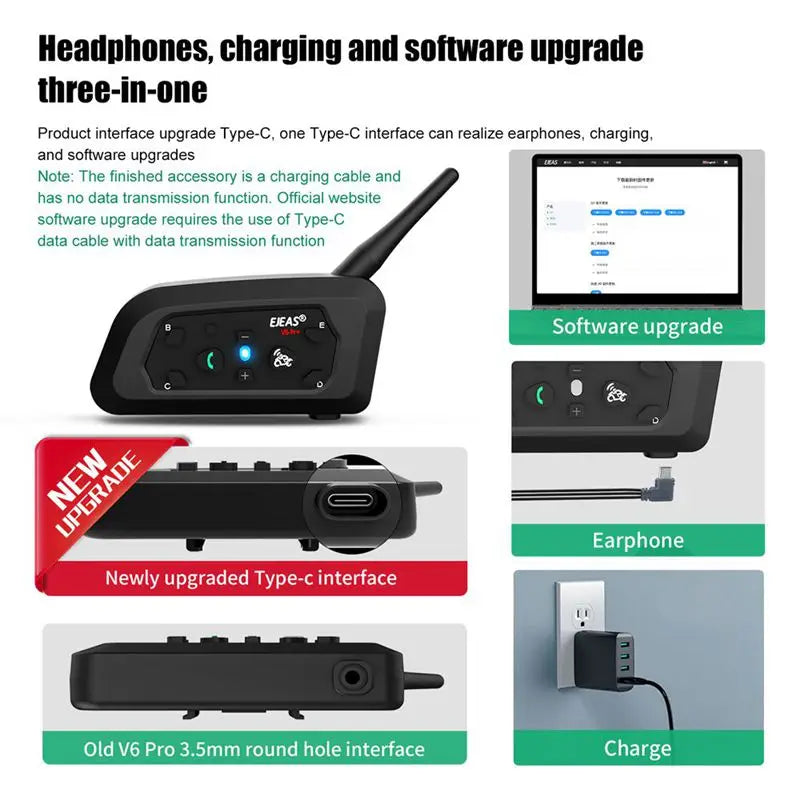 EJEAS V6 Pro Motorcycle Intercom 6 Rider Bluetooth Headset