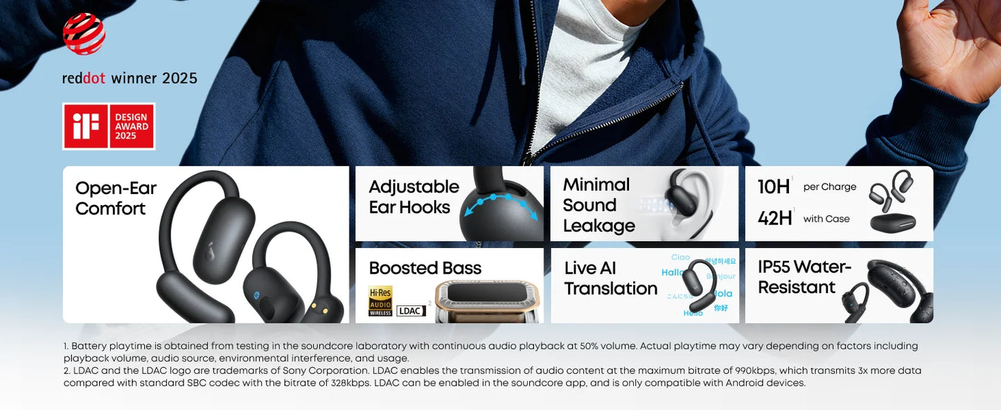 soundcore AeroFit 2 by Anker, Open-Ear Headphones, Real-Time Translation Earbuds, 4 Adjustable Positions (Refurbished)